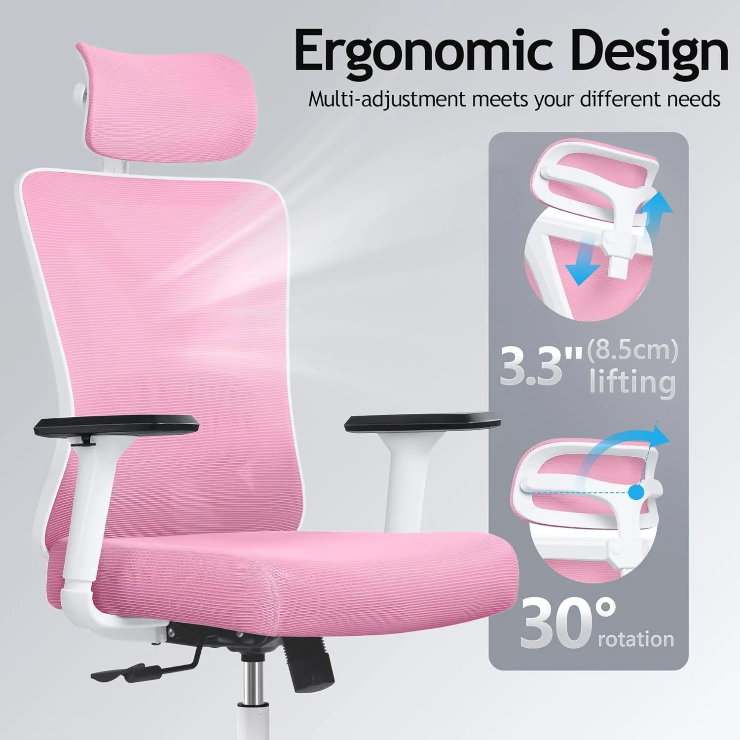 KERDOM Ergonomic Office Chair Desk Chair Comfortable Mesh Gaming Computer Swivel Rolling Chair, High Back Office Chair with Wheels, Headrest, 3D Armrest and Lumbar Support Home Office Desk Chair Pink