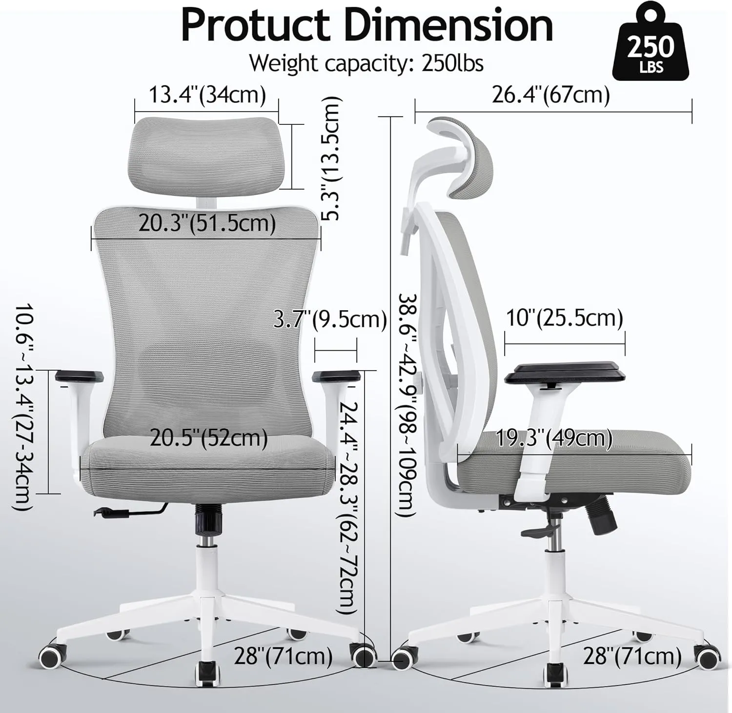 KERDOM Ergonomic Office Chair, Rolling Swivel Executive Desk Chair, Breathable Mesh Gaming Chair with Adjustable Headrest, 3D Armrest and Lumbar Support for Home Office LightGray