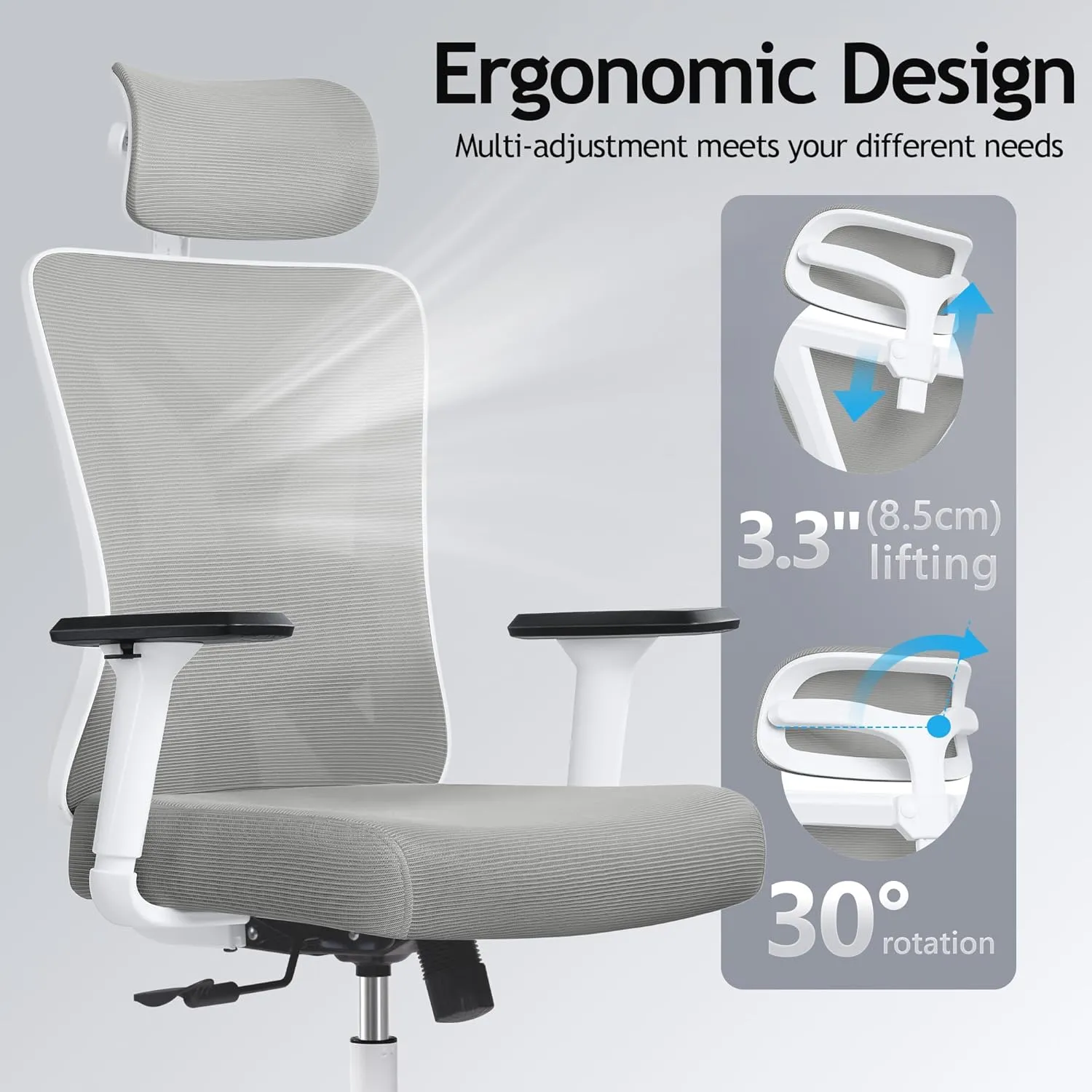 KERDOM Ergonomic Office Chair, Rolling Swivel Executive Desk Chair, Breathable Mesh Gaming Chair with Adjustable Headrest, 3D Armrest and Lumbar Support for Home Office LightGray