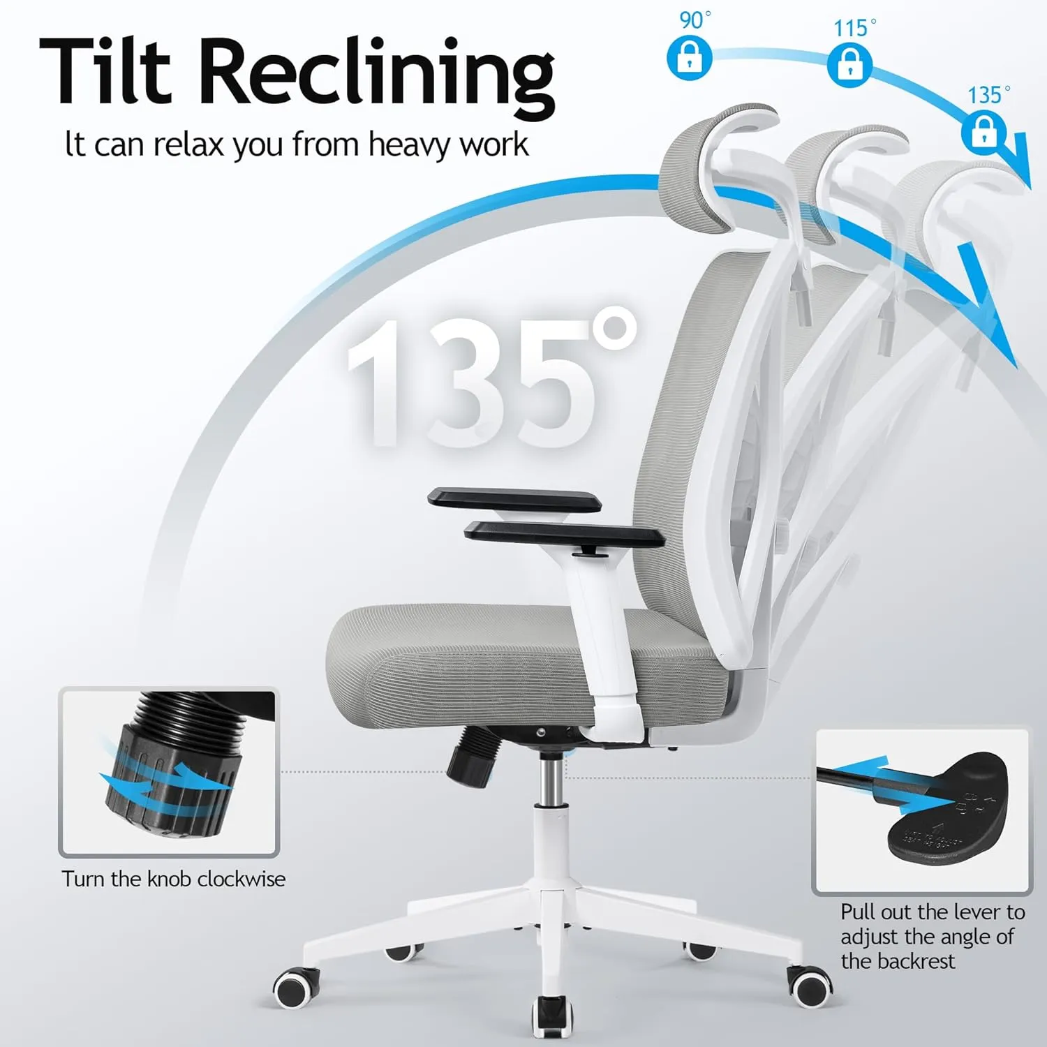 KERDOM Ergonomic Office Chair, Rolling Swivel Executive Desk Chair, Breathable Mesh Gaming Chair with Adjustable Headrest, 3D Armrest and Lumbar Support for Home Office LightGray