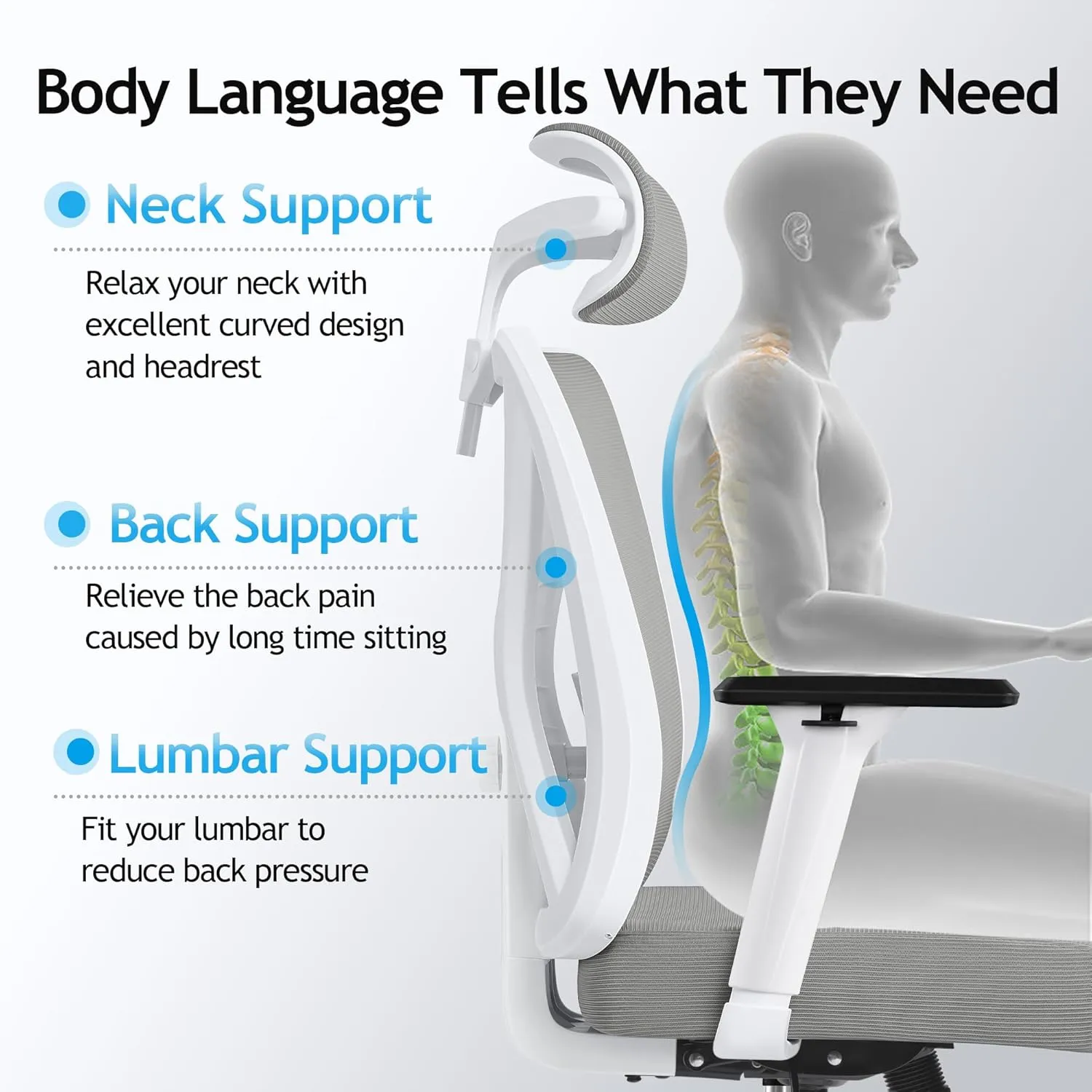 KERDOM Ergonomic Office Chair, Rolling Swivel Executive Desk Chair, Breathable Mesh Gaming Chair with Adjustable Headrest, 3D Armrest and Lumbar Support for Home Office LightGray