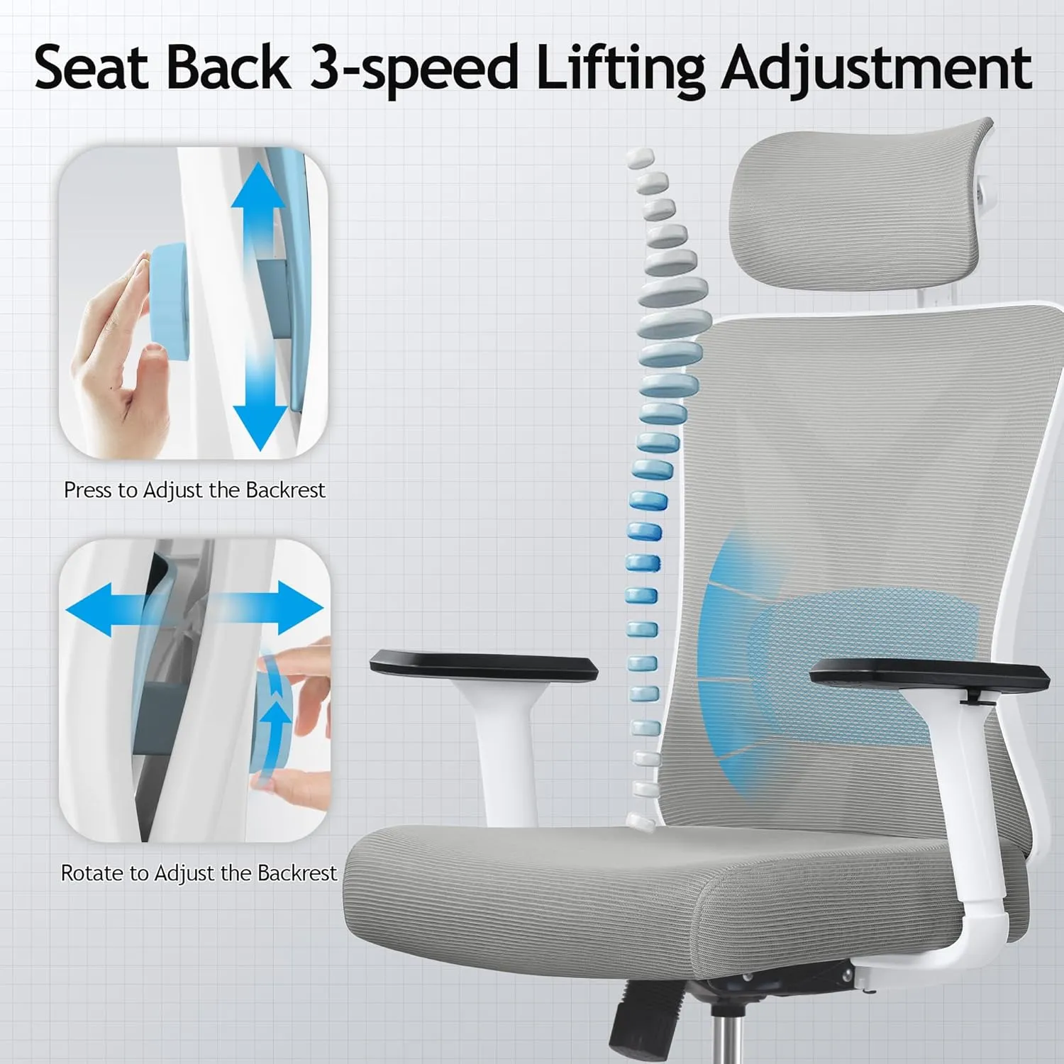 KERDOM Ergonomic Office Chair, Rolling Swivel Executive Desk Chair, Breathable Mesh Gaming Chair with Adjustable Headrest, 3D Armrest and Lumbar Support for Home Office LightGray