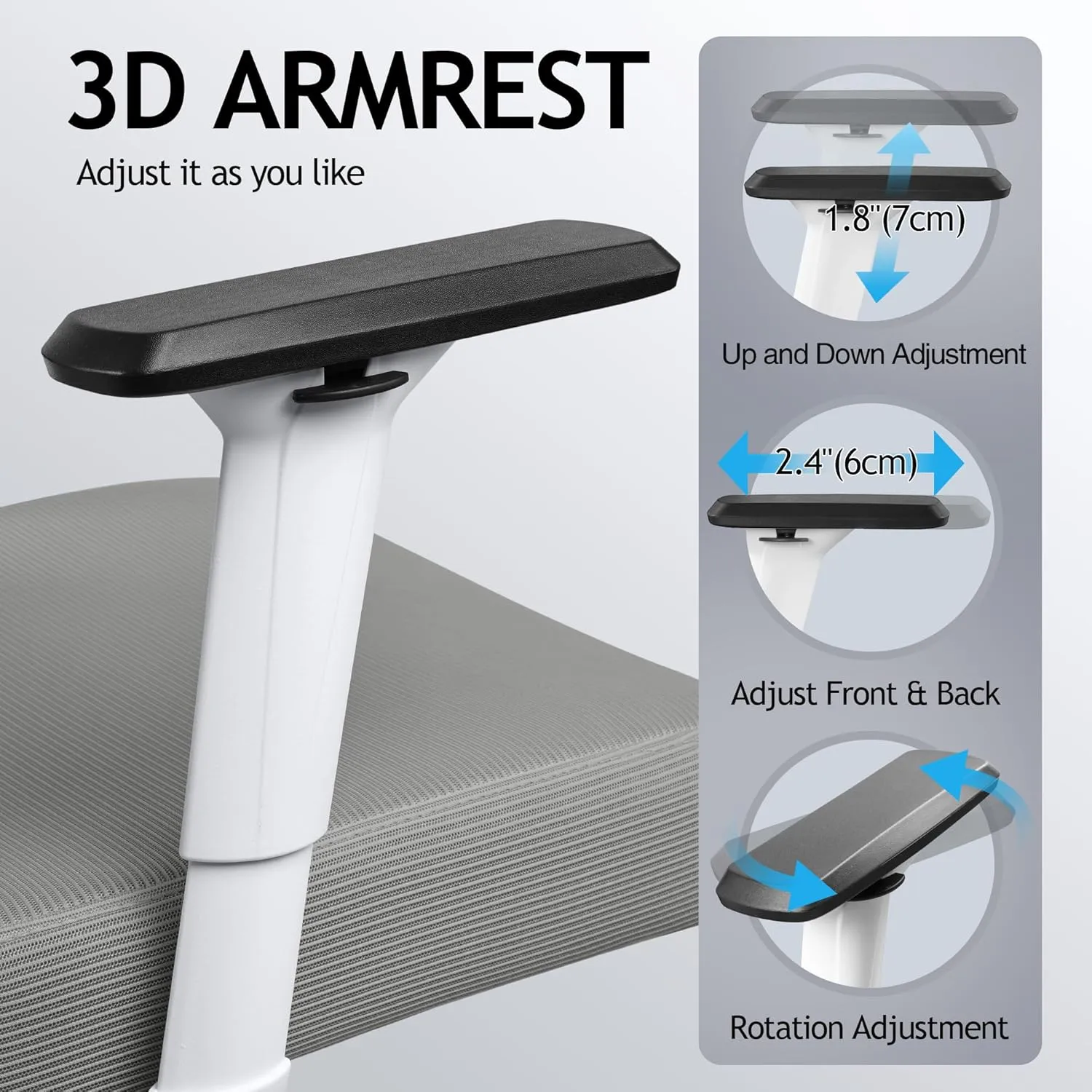 KERDOM Ergonomic Office Chair, Rolling Swivel Executive Desk Chair, Breathable Mesh Gaming Chair with Adjustable Headrest, 3D Armrest and Lumbar Support for Home Office LightGray