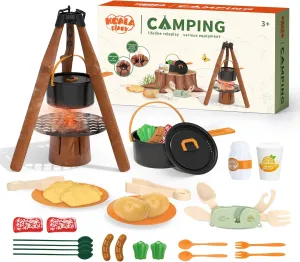 Kids Camping Toy Set, Pretend Play Cooking Set with Spray Stove, Food Toys, Tableware, Outdoor Toddler Campfire Toys for Ages 3 