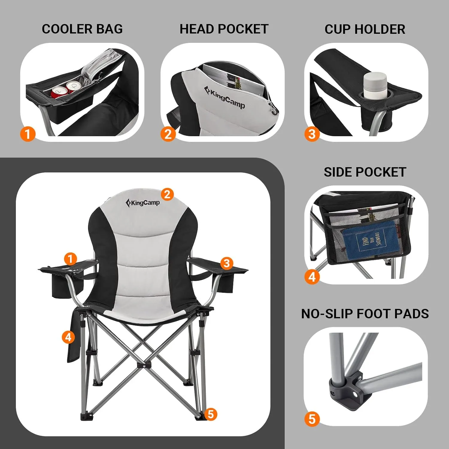 KingCamp Folding Portable Camping Chairs Oversized Padded Quad Arm Chair with Cooler Bag, Cup Holder and Side Pocket, Heavy Duty Supports 300 lbs for Outdoor, Lawn, Fishing, Sports