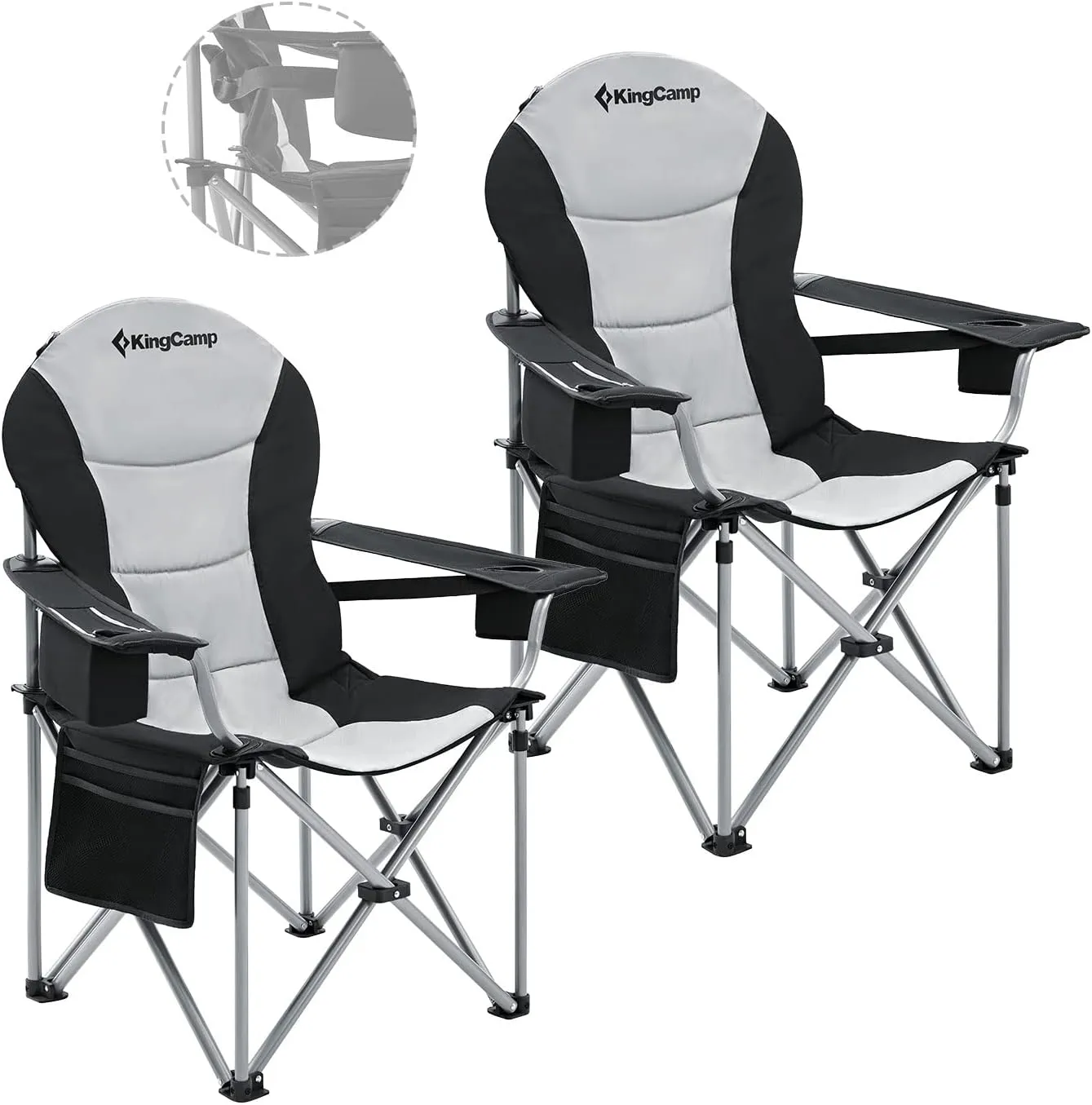 KingCamp Folding Portable Camping Chairs Oversized Padded Quad Arm Chair with Cooler Bag, Cup Holder and Side Pocket, Heavy Duty Supports 300 lbs for Outdoor, Lawn, Fishing, Sports
