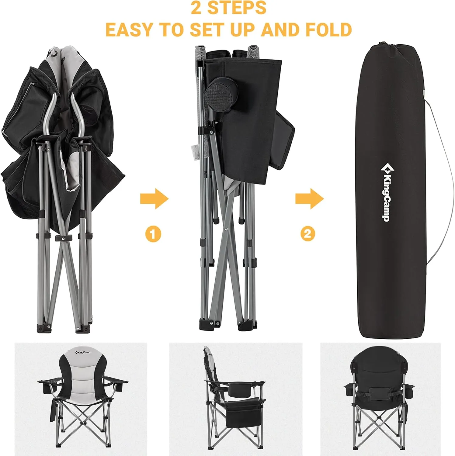 KingCamp Folding Portable Camping Chairs Oversized Padded Quad Arm Chair with Cooler Bag, Cup Holder and Side Pocket, Heavy Duty Supports 300 lbs for Outdoor, Lawn, Fishing, Sports
