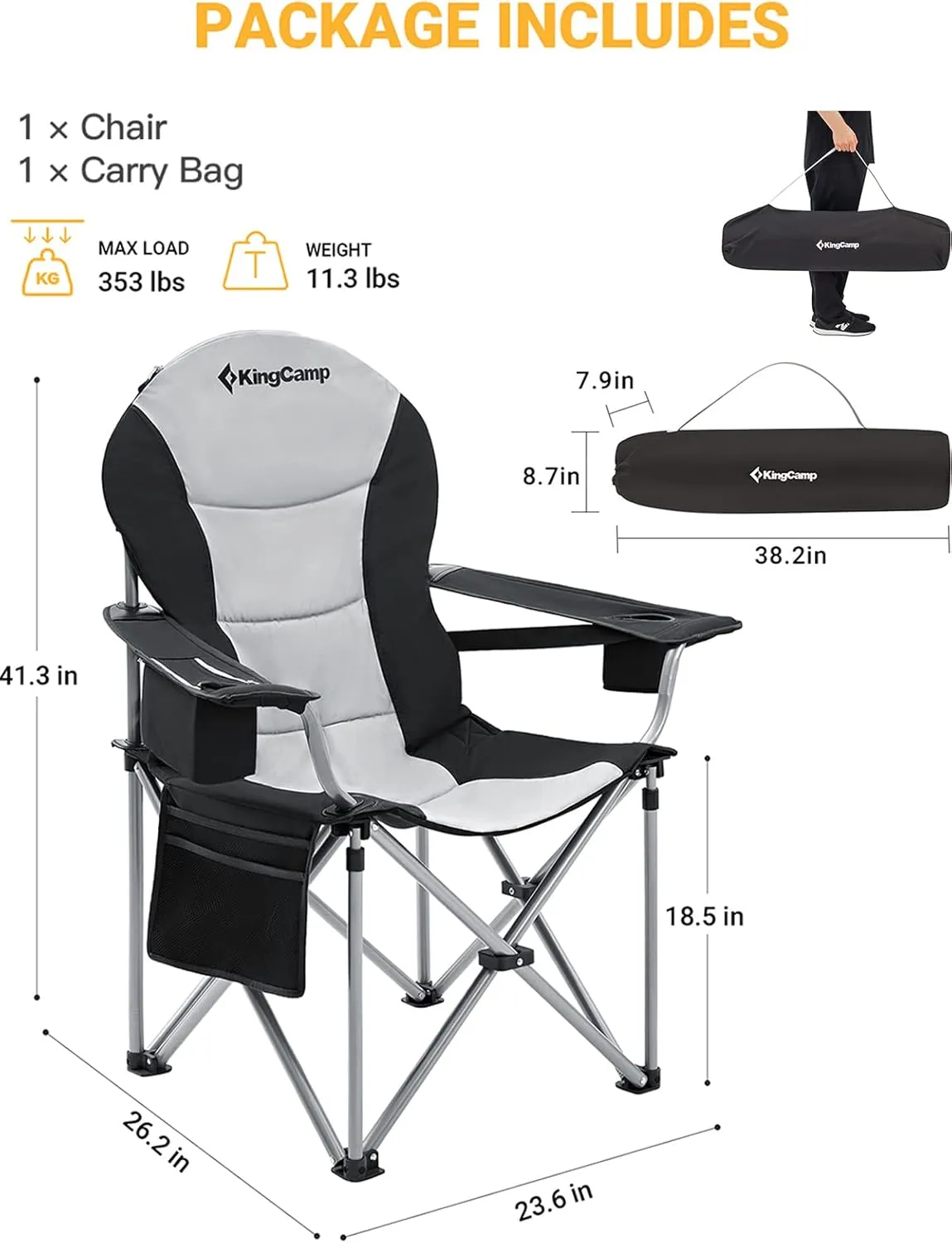 KingCamp Folding Portable Camping Chairs Oversized Padded Quad Arm Chair with Cooler Bag, Cup Holder and Side Pocket, Heavy Duty Supports 300 lbs for Outdoor, Lawn, Fishing, Sports