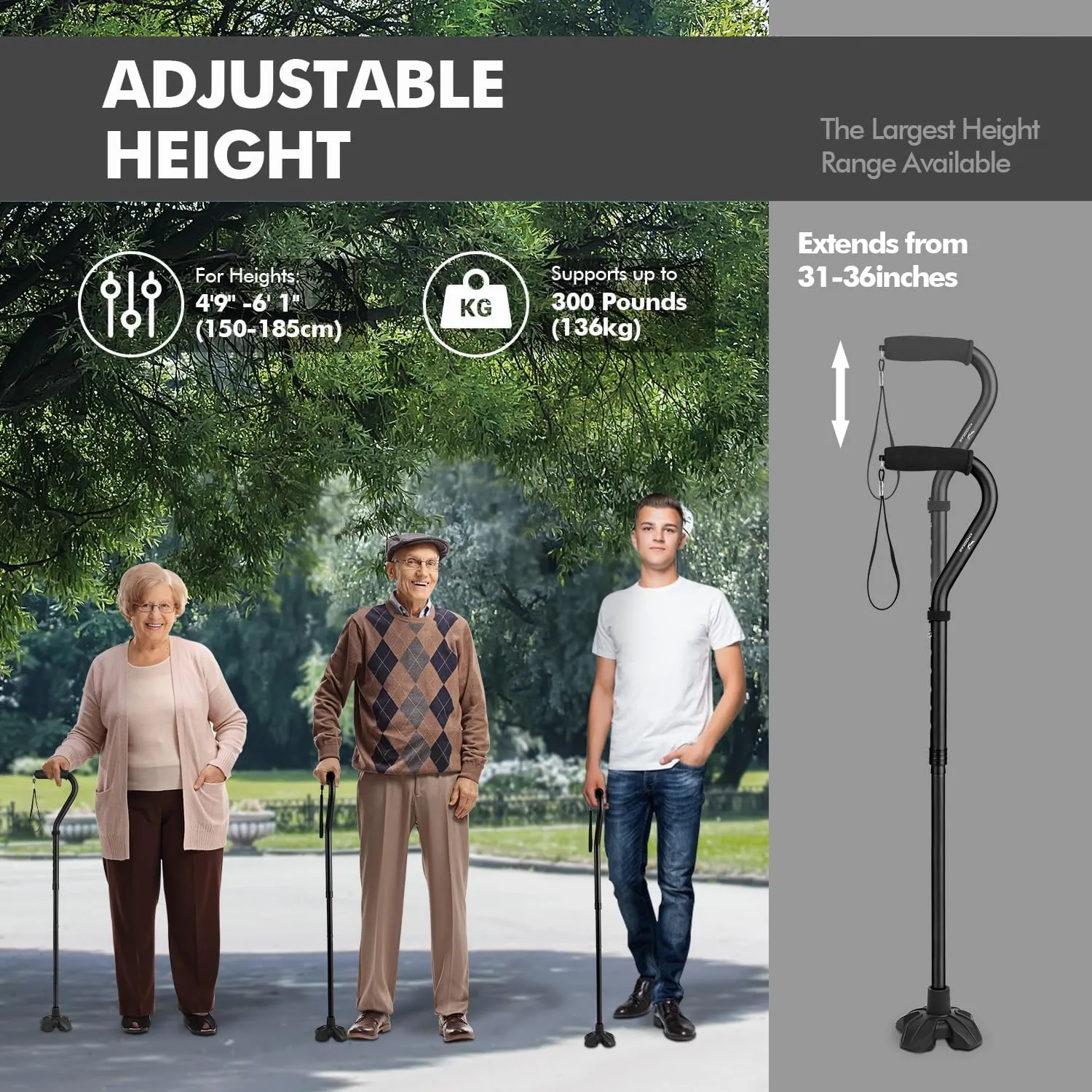 KINGGEAR F1 Walking Stick, Walking Cane for Women & Men with Wrist Strap, Lightweight & Sturdy Offset EVA Handle, Large Quad Base, Self Standing for Seniors and People with Injuries & Recovery
