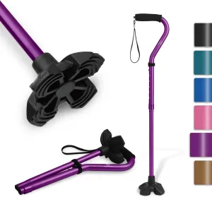 KINGGEAR F1 Walking Stick, Walking Cane for Women & Men with Wrist Strap, Lightweight & Sturdy Offset EVA Handle, Large Quad Base, Self Standing for Seniors and People with Injuries & Recovery