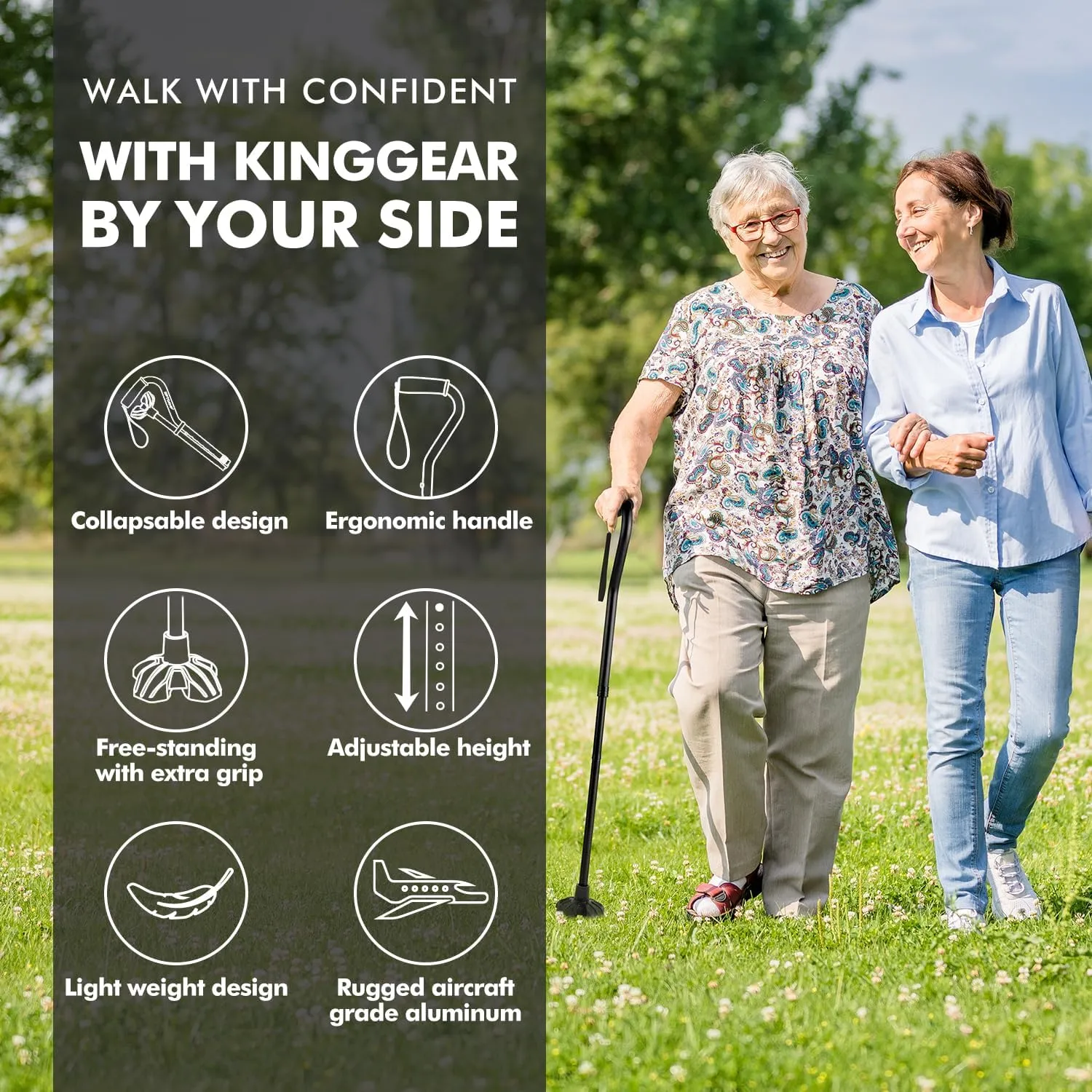 KINGGEAR F1 Walking Stick, Walking Cane for Women & Men with Wrist Strap, Lightweight & Sturdy Offset EVA Handle, Large Quad Base, Self Standing for Seniors and People with Injuries & Recovery