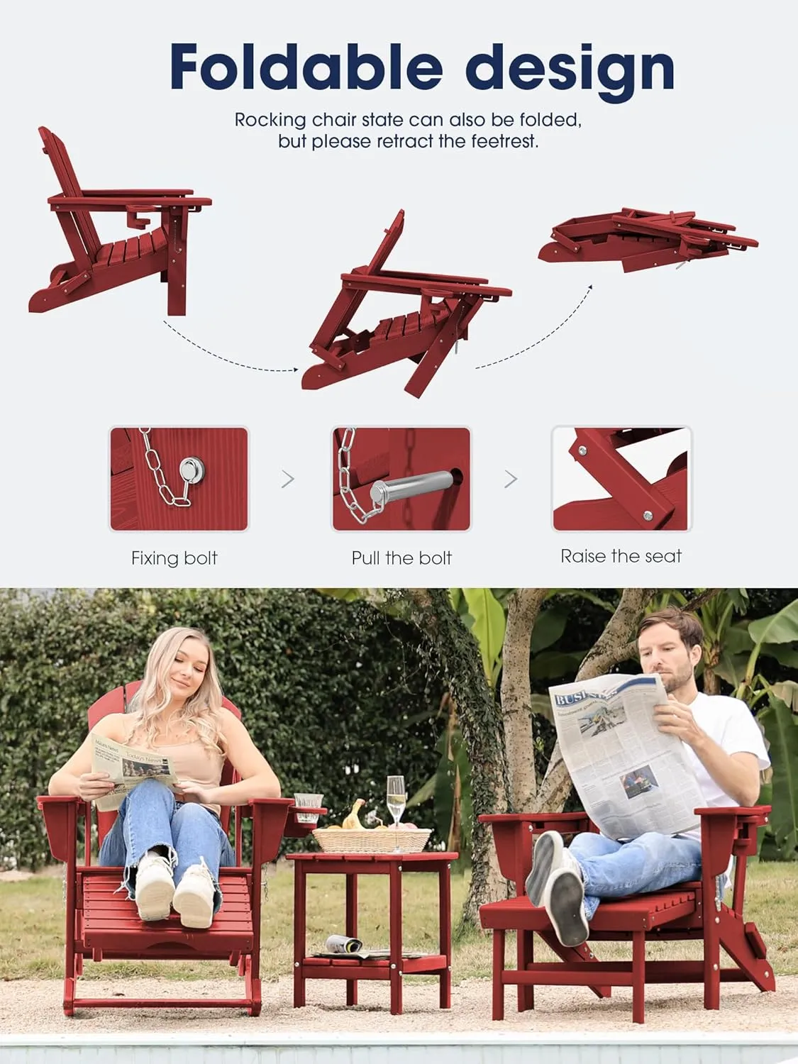 KINGYES Adirondack Rocking Chair with Retractable Ottoman and Cup Holders, HDPE Adirondack Rocker Patio Rocking Chair for Porch, Patio, Balcony, Burgundy Red