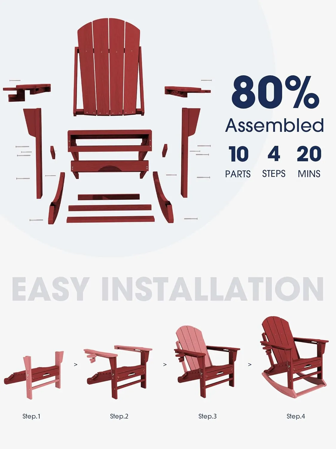 KINGYES Adirondack Rocking Chair with Retractable Ottoman and Cup Holders, HDPE Adirondack Rocker Patio Rocking Chair for Porch, Patio, Balcony, Burgundy Red