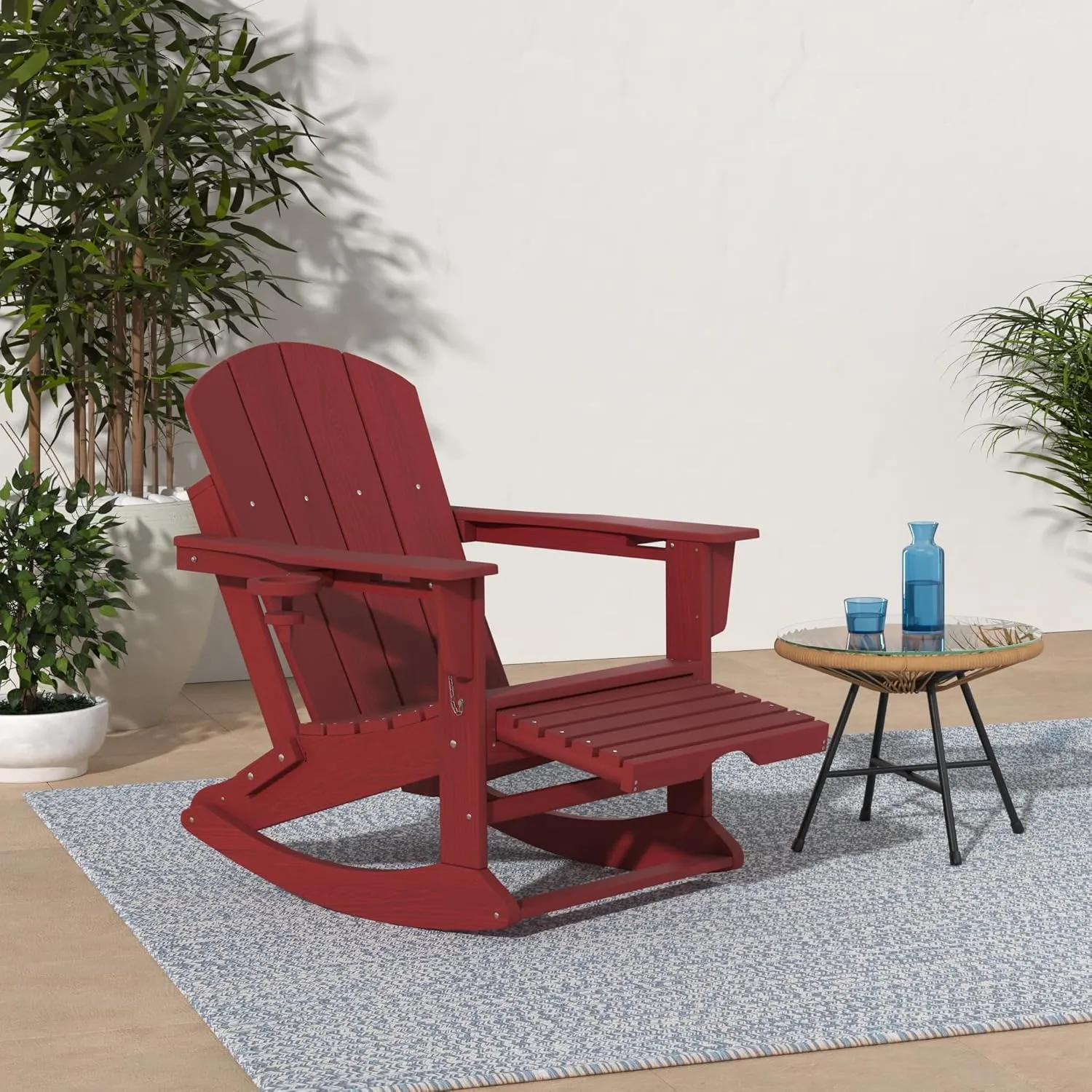 KINGYES Adirondack Rocking Chair with Retractable Ottoman and Cup Holders, HDPE Adirondack Rocker Patio Rocking Chair for Porch, Patio, Balcony, Burgundy Red