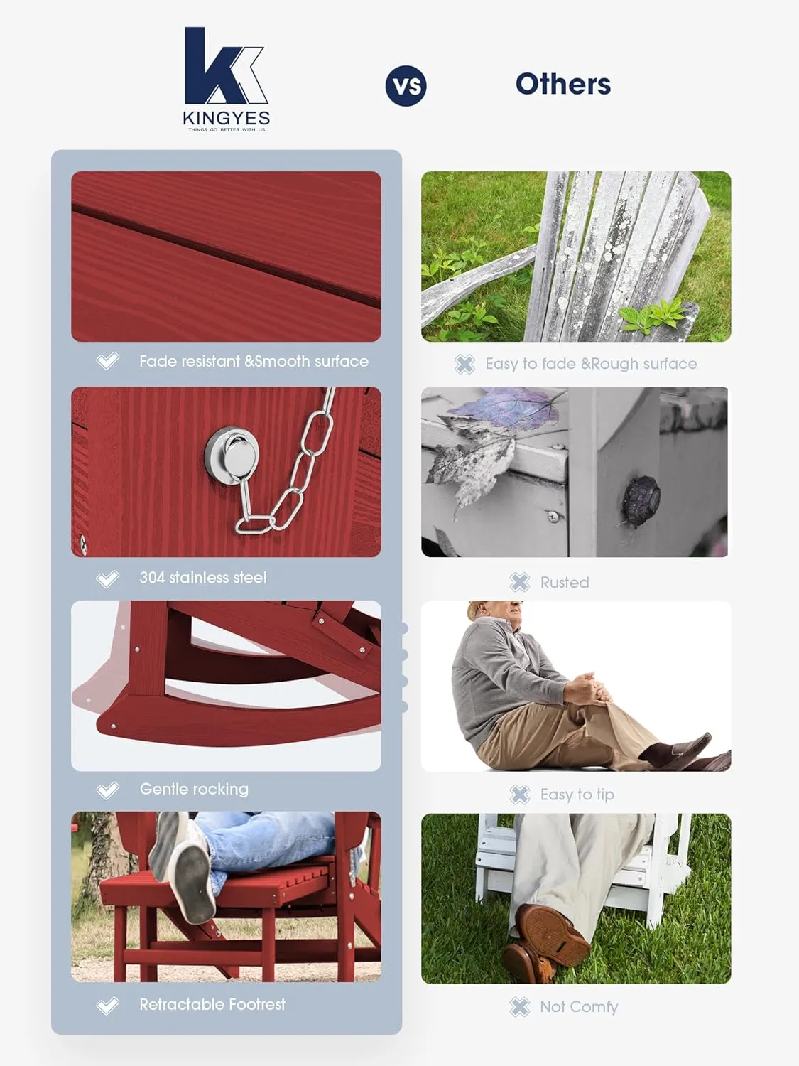 KINGYES Adirondack Rocking Chair with Retractable Ottoman and Cup Holders, HDPE Adirondack Rocker Patio Rocking Chair for Porch, Patio, Balcony, Burgundy Red