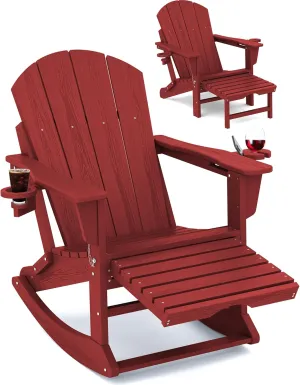 KINGYES Adirondack Rocking Chair with Retractable Ottoman and Cup Holders, HDPE Adirondack Rocker Patio Rocking Chair for Porch, Patio, Balcony, Burgundy Red