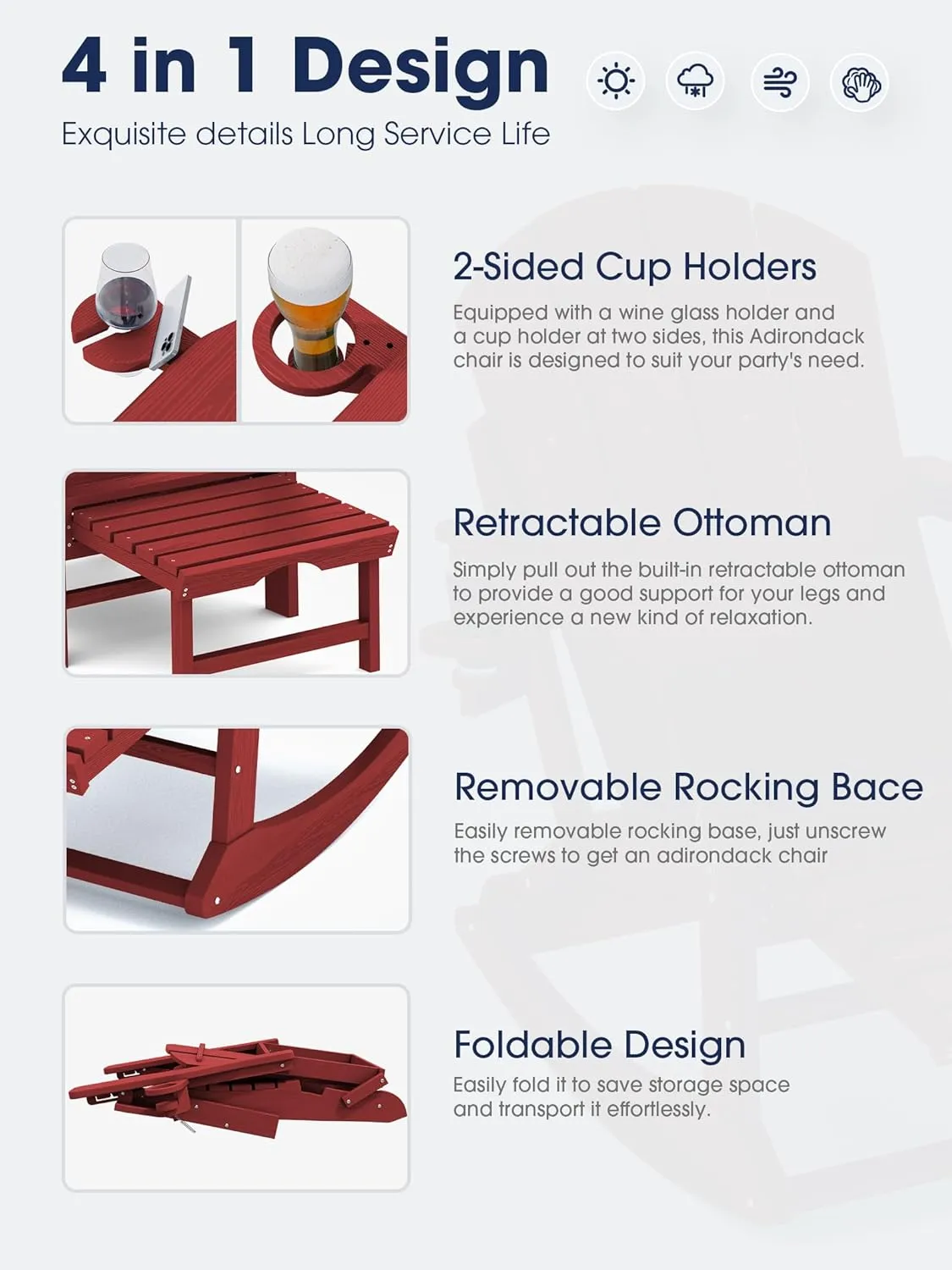 KINGYES Adirondack Rocking Chair with Retractable Ottoman and Cup Holders, HDPE Adirondack Rocker Patio Rocking Chair for Porch, Patio, Balcony, Burgundy Red
