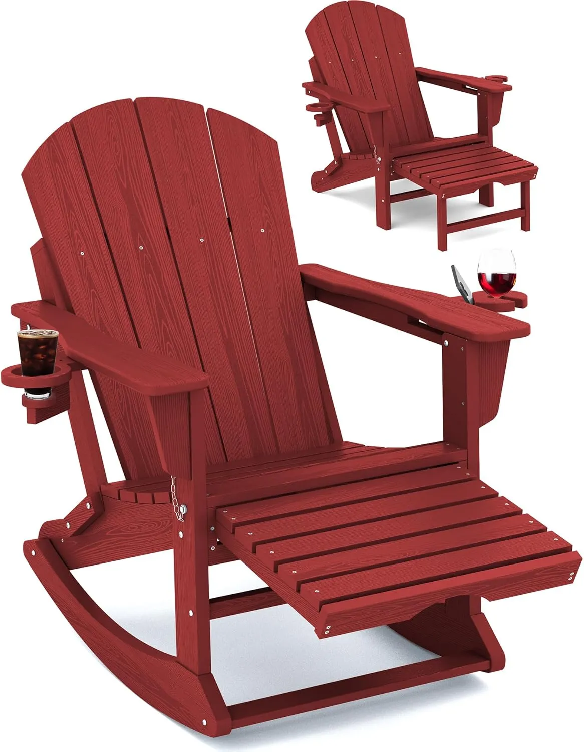 KINGYES Adirondack Rocking Chair with Retractable Ottoman and Cup Holders, HDPE Adirondack Rocker Patio Rocking Chair for Porch, Patio, Balcony, Burgundy Red