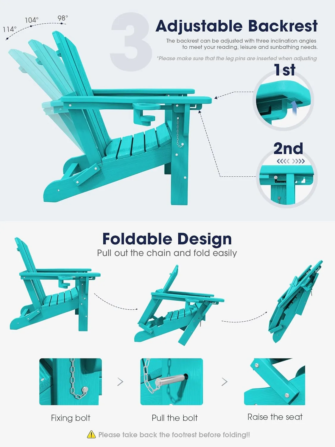 KINGYES Folding Adjustable Adirondack Chair with Ottoman, Aruba