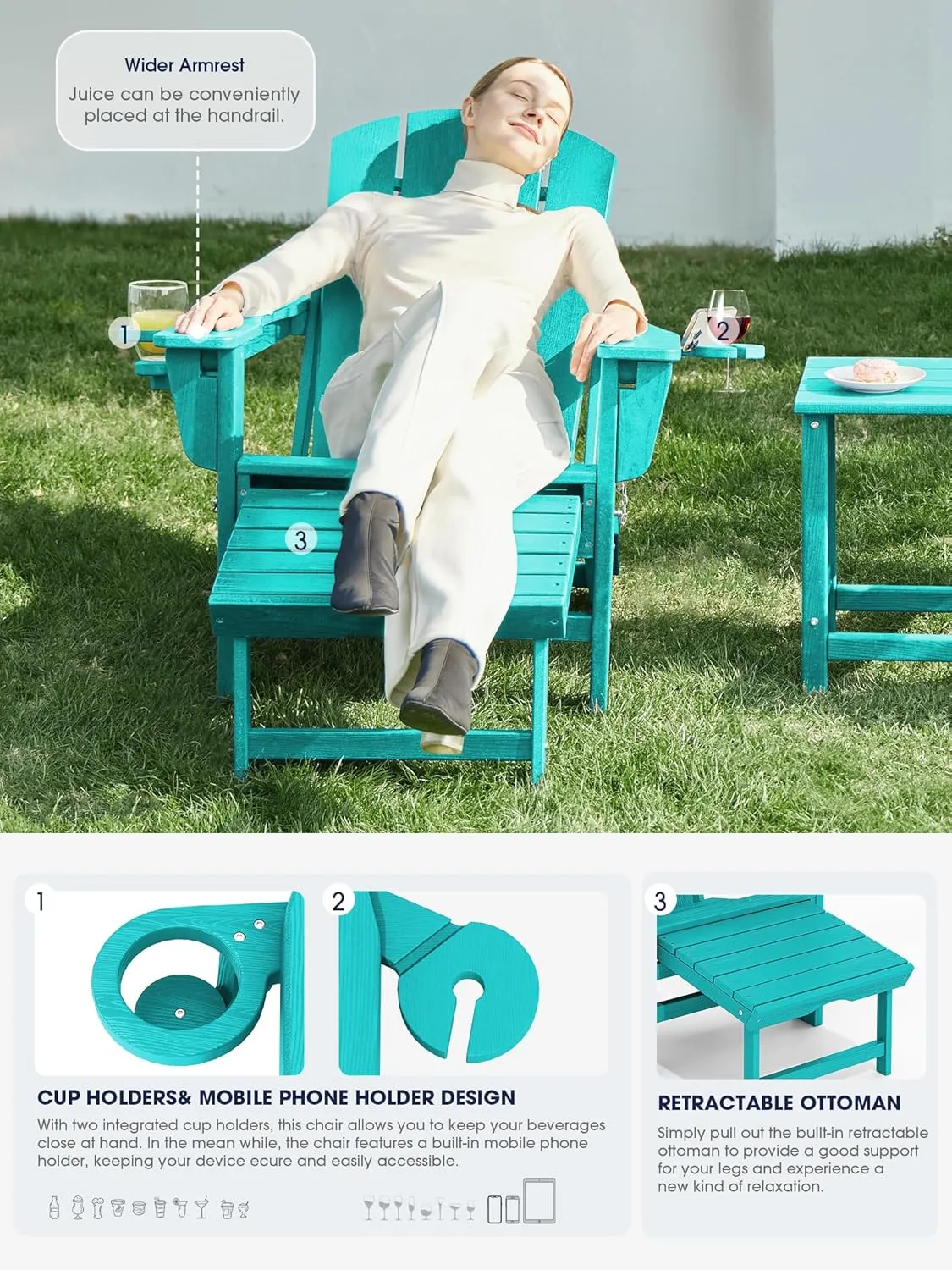 KINGYES Folding Adjustable Adirondack Chair with Ottoman, Aruba