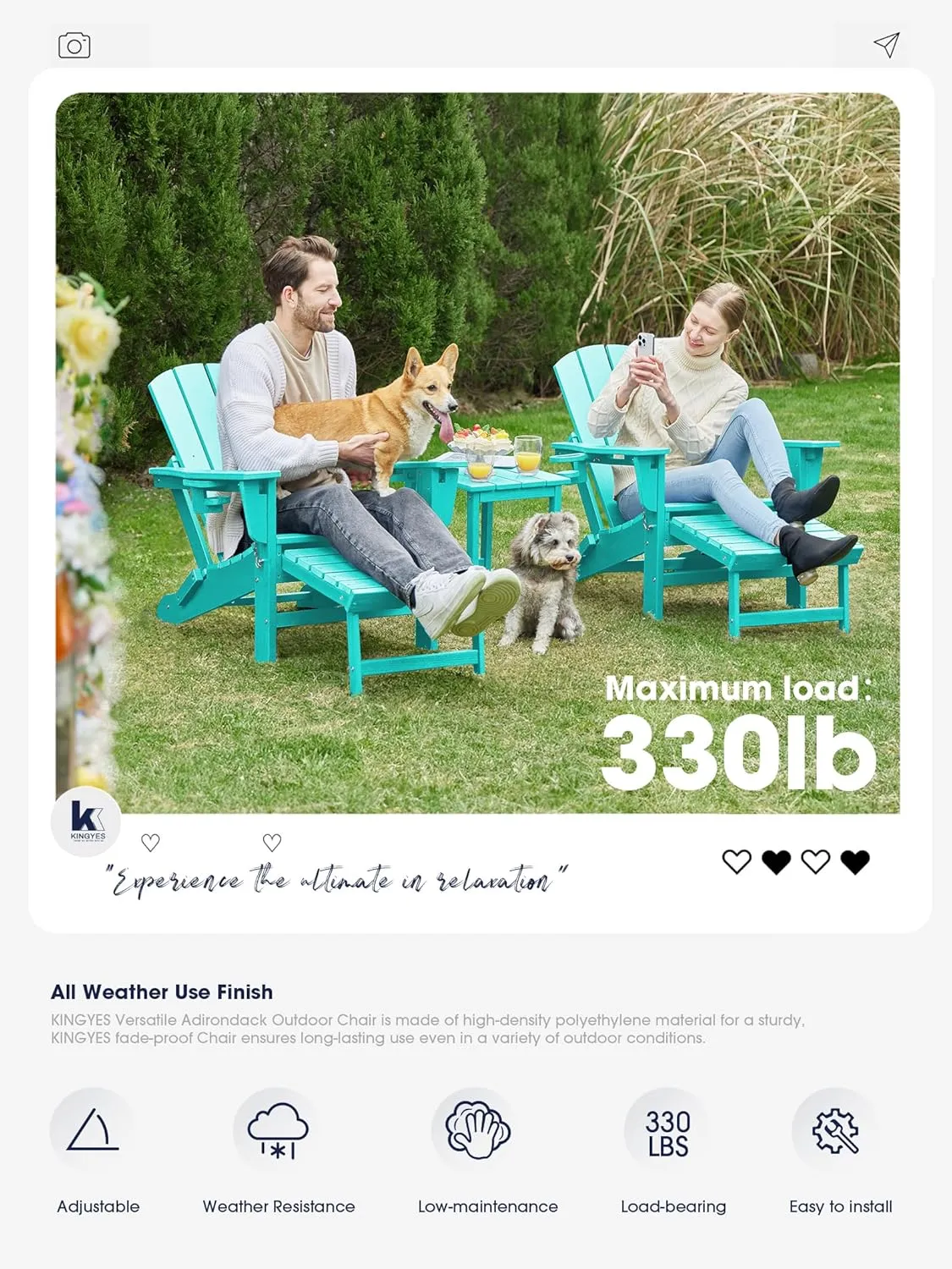 KINGYES Folding Adjustable Adirondack Chair with Ottoman, Aruba