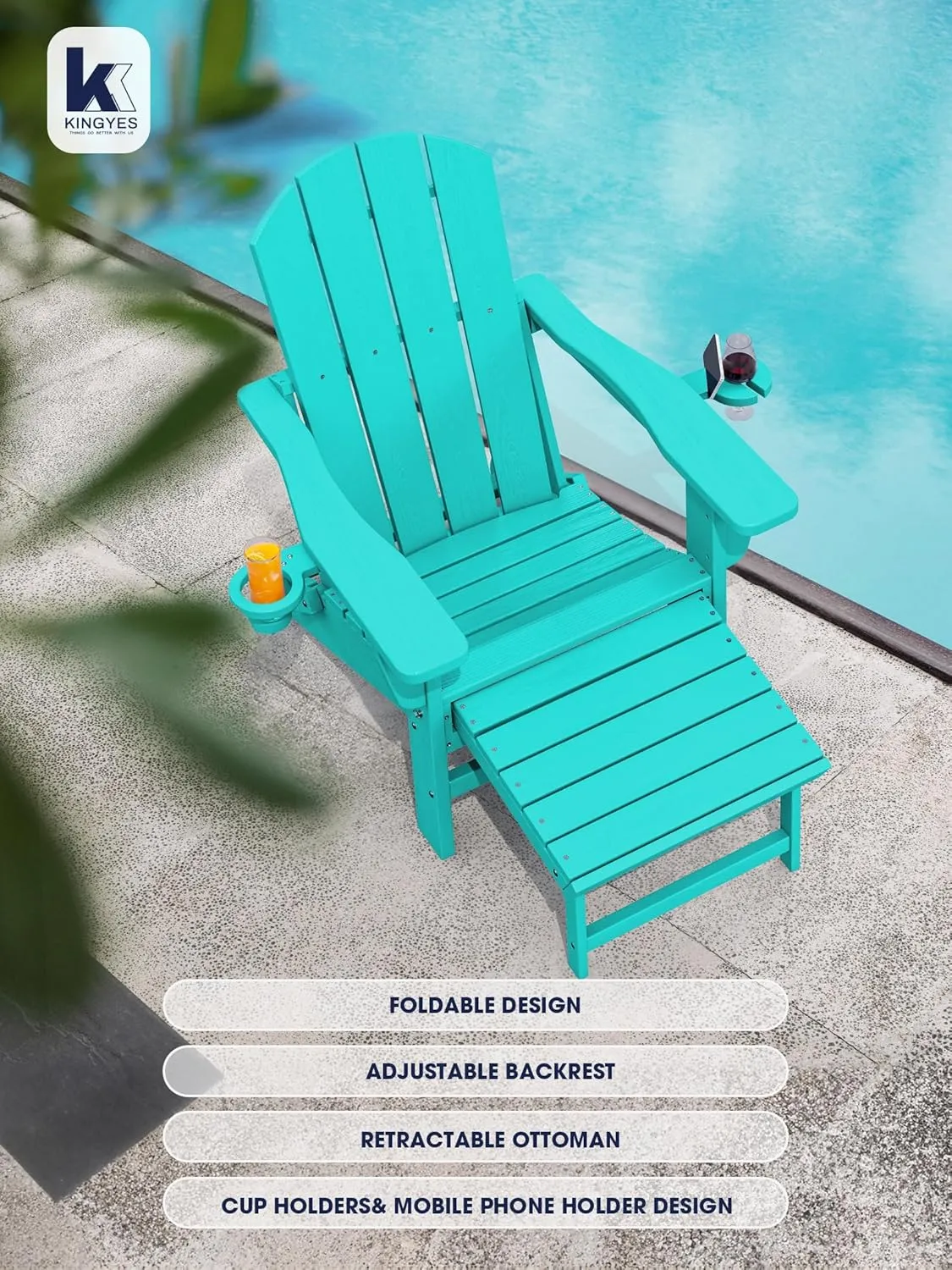 KINGYES Folding Adjustable Adirondack Chair with Ottoman, Aruba