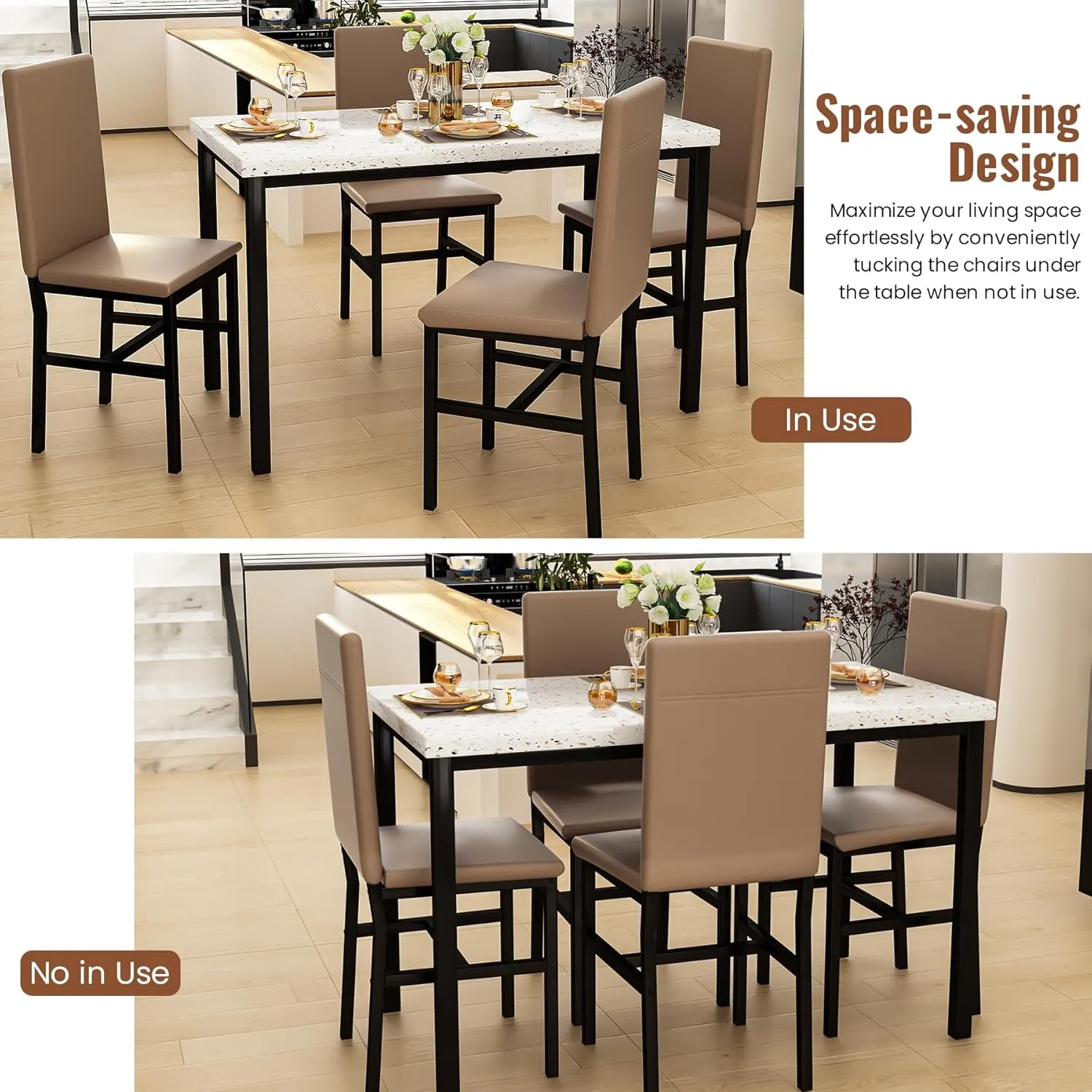 Lamerge Faux Marble Dining Table Set for 4 with 4 PU Leather Chairs, 5-Piece Kitchen & Dining Room Sets, Small Kitchen Table and Chairs for Dining Room, Kitchen, White & Khaki