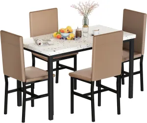 Lamerge Faux Marble Dining Table Set for 4 with 4 PU Leather Chairs, 5-Piece Kitchen & Dining Room Sets, Small Kitchen Table and Chairs for Dining Room, Kitchen, White & Khaki