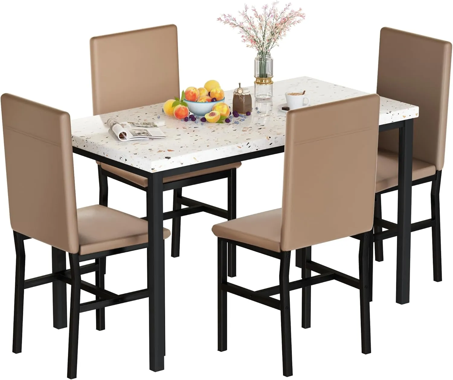 Lamerge Faux Marble Dining Table Set for 4 with 4 PU Leather Chairs, 5-Piece Kitchen & Dining Room Sets, Small Kitchen Table and Chairs for Dining Room, Kitchen, White & Khaki