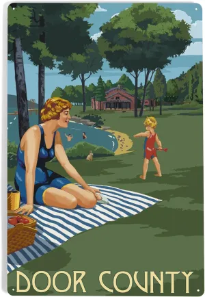 Lantern Press 12x18 Inch Metal Sign, Door County, Wisconsin, Lake and Picnic Scene
