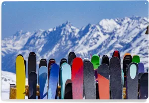 Lantern Press 12x18 Inch Metal Sign, Full Ski Rack and Snowy Mountain Range