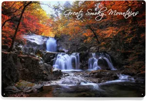 Lantern Press 12x18 Inch Metal Sign, Great Smoky Mountains, Tennessee, Waterfall and Autumn Colors