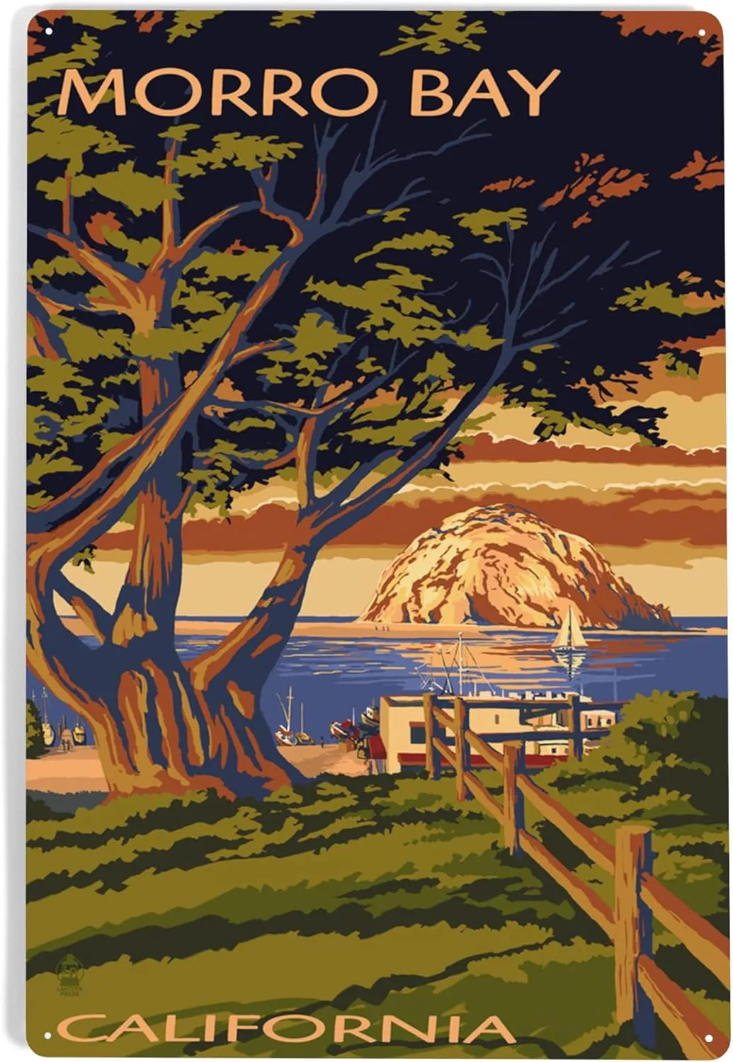Lantern Press 12x18 Inch Metal Sign, Morro Bay, California, Town View with Morro Rock