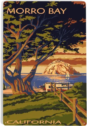 Lantern Press 12x18 Inch Metal Sign, Morro Bay, California, Town View with Morro Rock