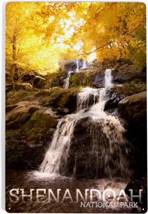 Lantern Press 12x18 Inch Metal Sign, Shenandoah National Park, Virginia, Waterfall in Autumn, Block Text