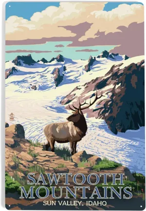 Lantern Press 12x18 Inch Metal Sign, Sun Valley, Idaho, Sawtooth Mountain, Elk and Snowy Mountain