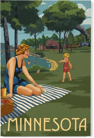 Lantern Press 12x18 Inch Premium Wood Sign, Ready to Hang Wall Decor, Minnesota, Lake and Picnic Scene