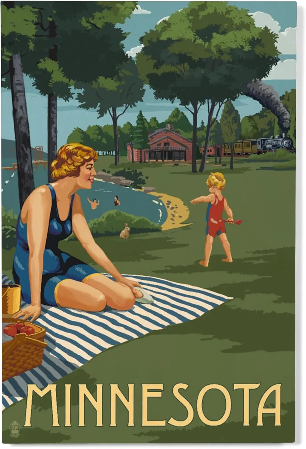Lantern Press 12x18 Inch Premium Wood Sign, Ready to Hang Wall Decor, Minnesota, Lake and Picnic Scene