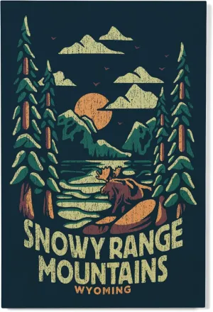 Lantern Press 12x18 Inch Premium Wood Sign, Ready to Hang Wall Decor, Snowy Range Mountains, Wyoming, Distress Vector Shapes