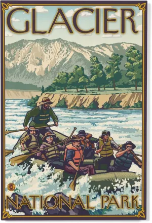 Lantern Press 12x18 Inch Premium Wood Sign, Ready to Hang Wall Decor, White Water Rafting, Glacier National Park, MT