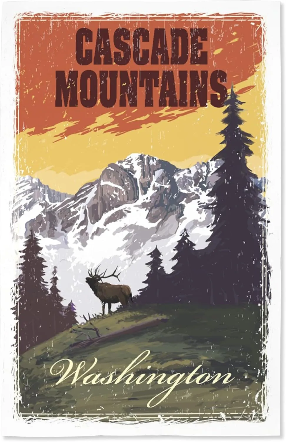Lantern Press 16x24 Inch Giclee Print, Cascade Mountain Range, Washington, Mountains, Trees and Elk