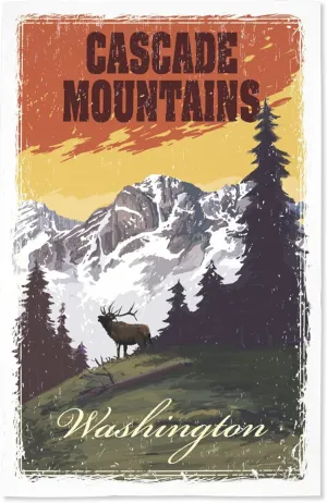 Lantern Press 16x24 Inch Giclee Print, Cascade Mountain Range, Washington, Mountains, Trees and Elk