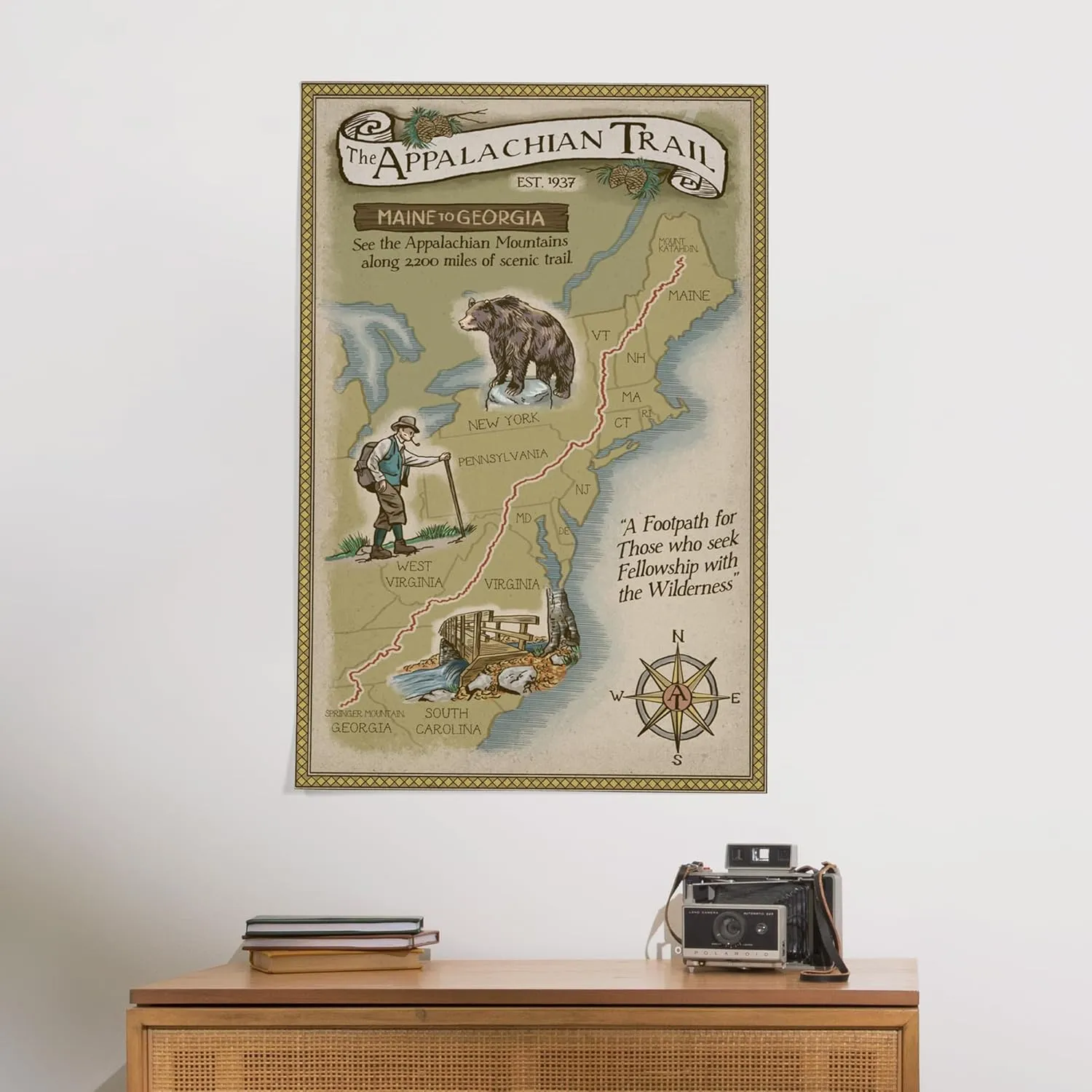 Lantern Press 24x36 Inch Giclee Art Print Wall Decor, Appalachian Trail Map
