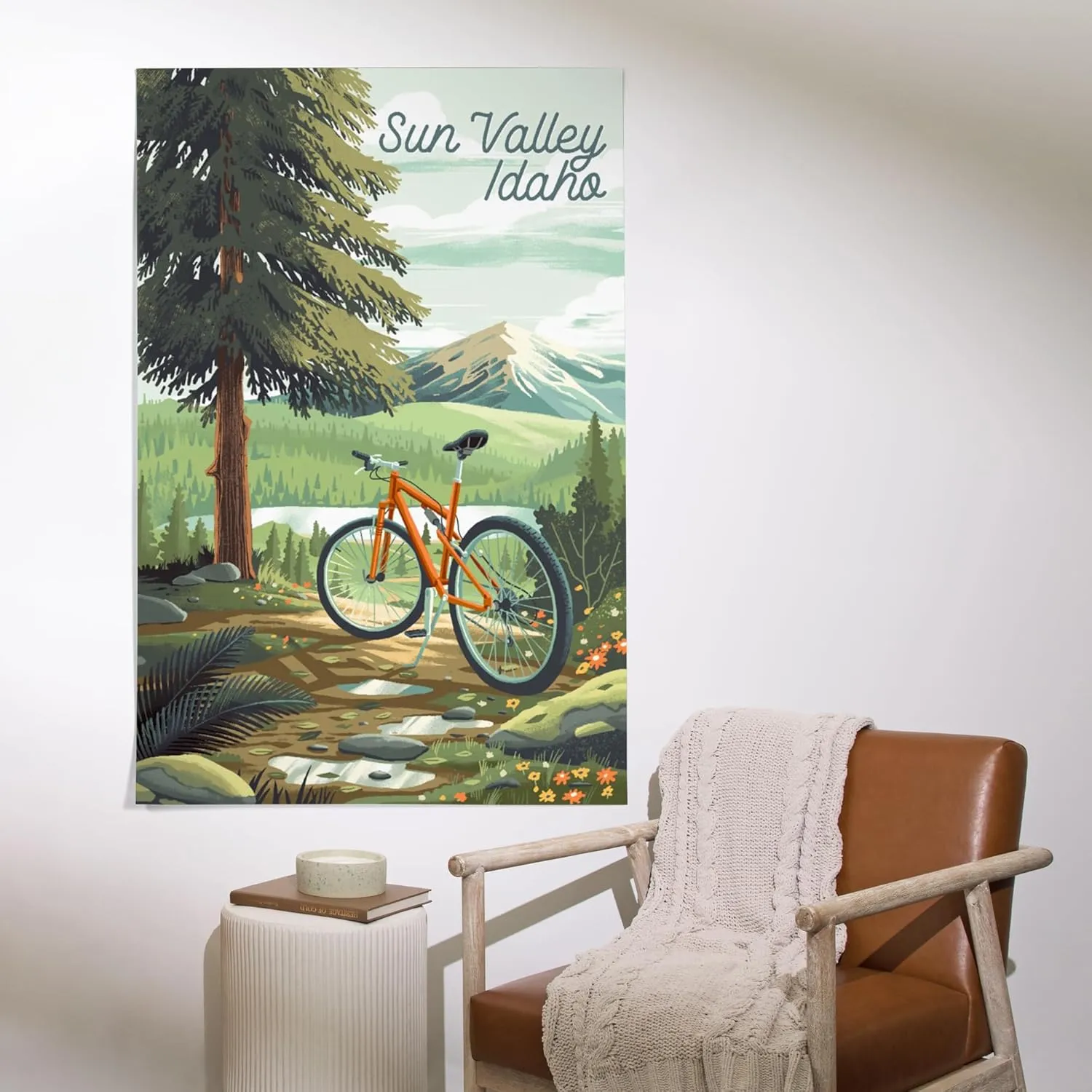 Lantern Press 36x54 Inch Giclee Art Print Wall Decor, Sun Valley, Idaho, Off To Wander, Cycling with Mountains