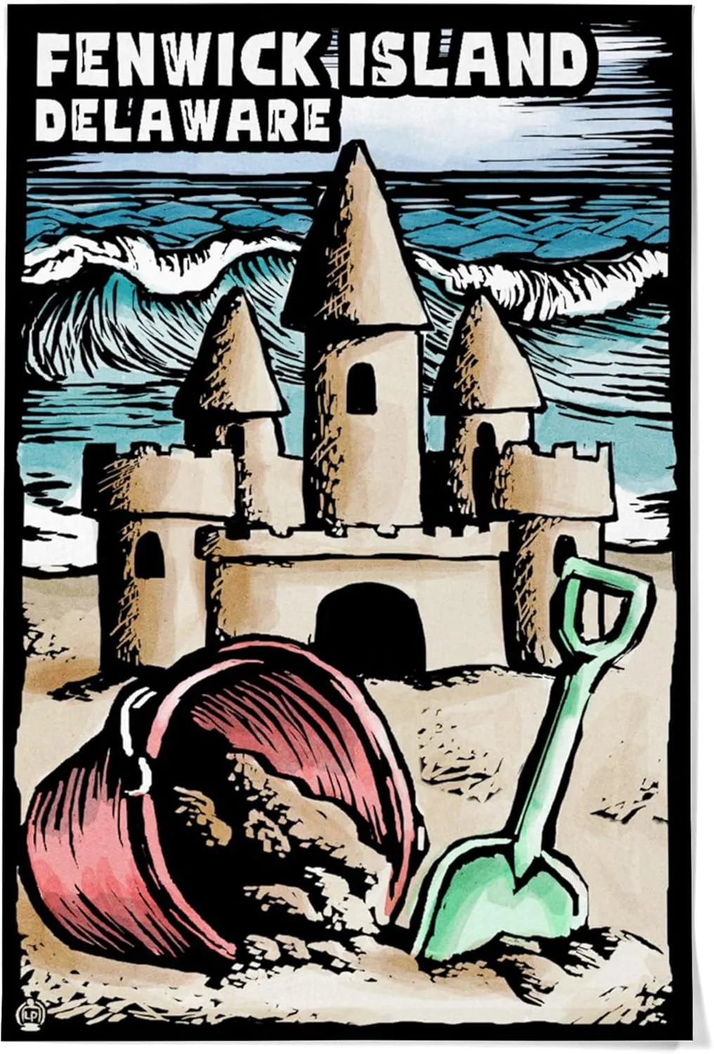 Lantern Press 36x54 Inch Giclee Print, Fenwick Island, Delaware, Sandcastle, Scratchboard
