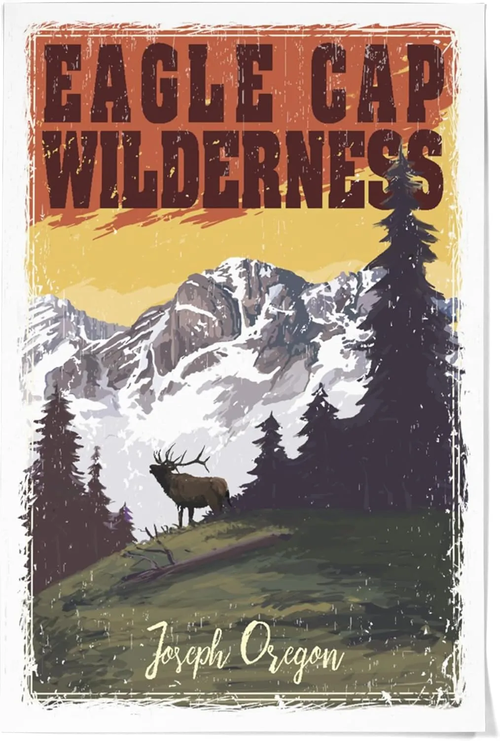 Lantern Press 36x54 Inch Giclee Print, Joseph, Oregon, Eagle Cap Wilderness, Mountain View and Elk, Distressed