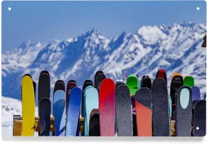 Lantern Press 6x9 Inch Metal Sign, Full Ski Rack and Snowy Mountain Range