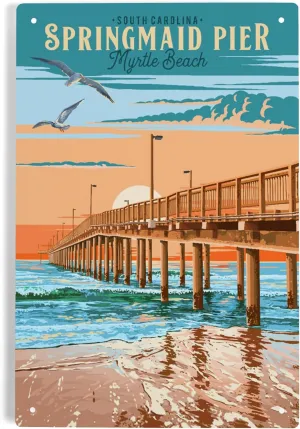 Lantern Press 6x9 Inch Metal Sign, Myrtle Beach, South Carolina, Painterly, Springmaid Pier
