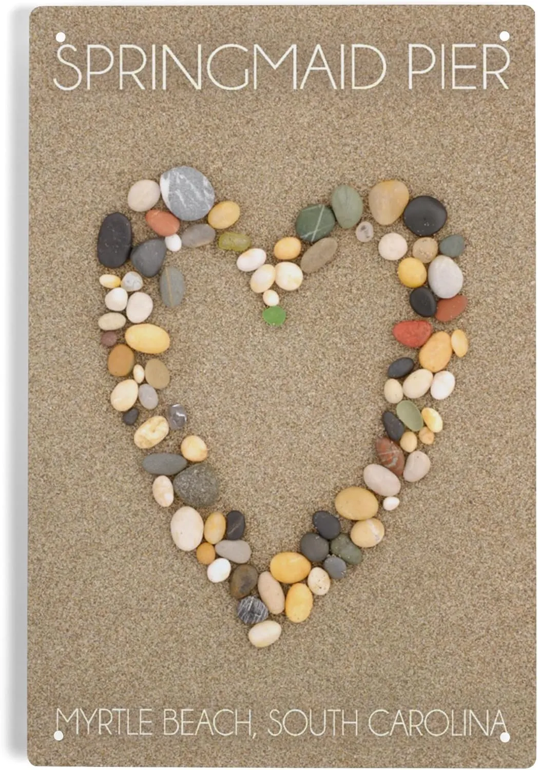 Lantern Press 6x9 Inch Metal Sign, Myrtle Beach, South Carolina, Springmaid Pier, Stone Heart on Sand