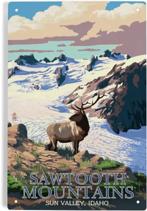 Lantern Press 6x9 Inch Metal Sign, Sun Valley, Idaho, Sawtooth Mountain, Elk and Snowy Mountain